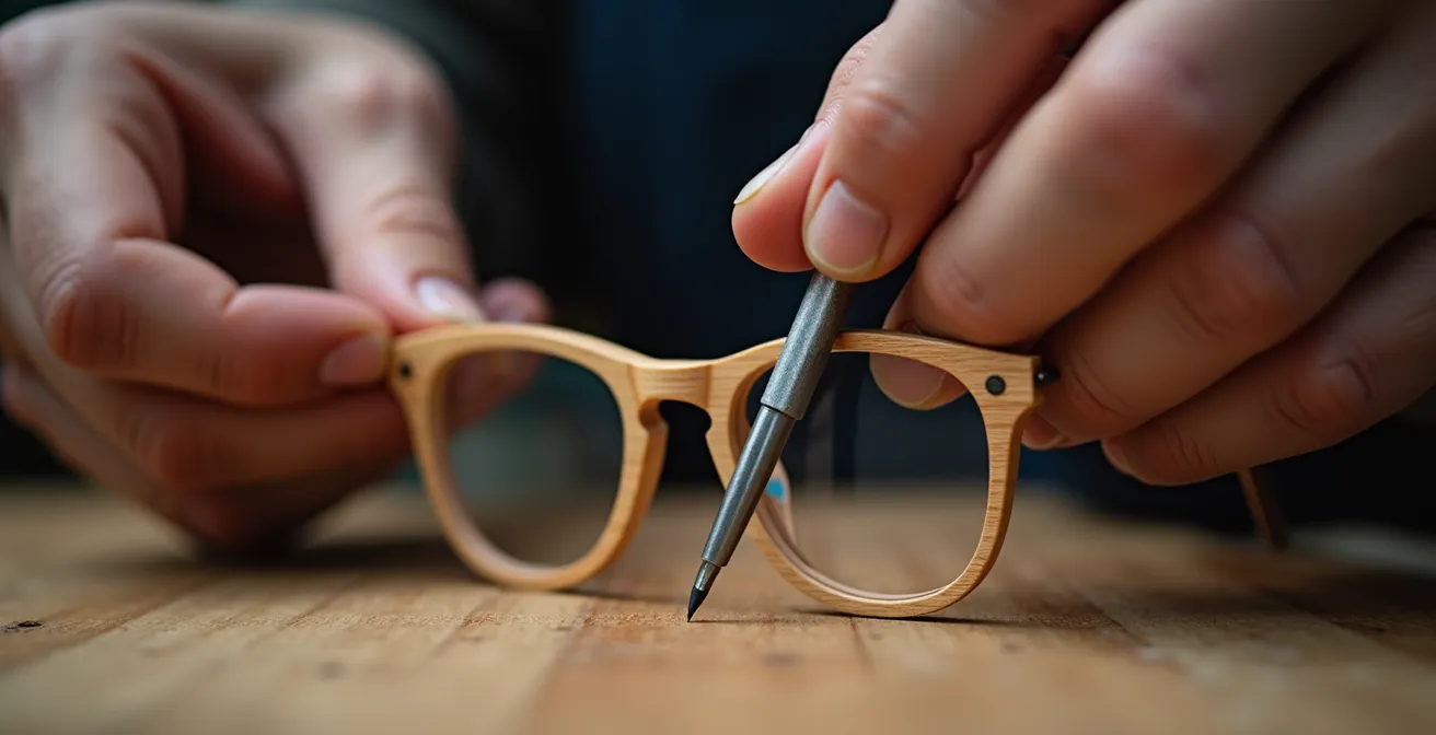 Gros plan sur des mains d'opticien ajustant délicatement des lunettes en bois avec outils spécialisés