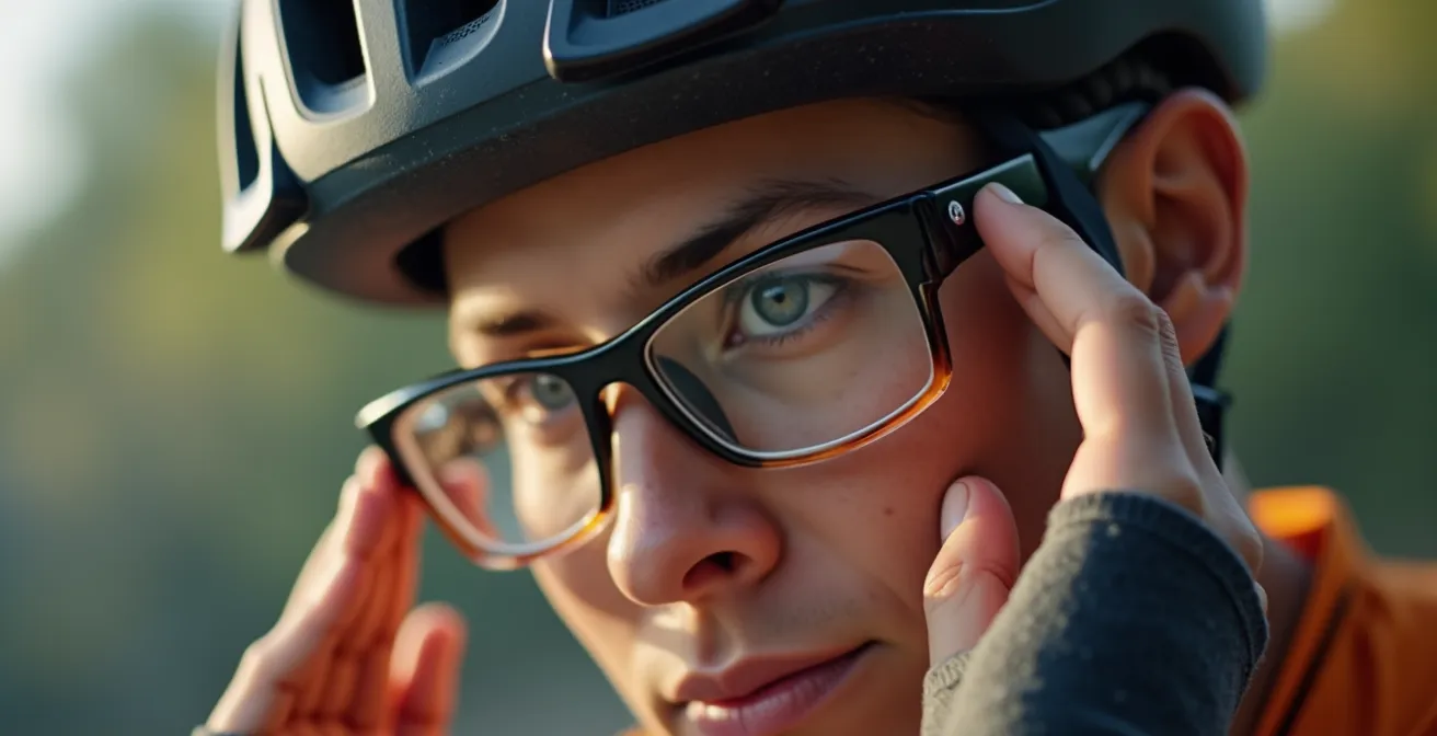 Démonstration de l'ajustement correct entre lunettes et sangles de casque vélo