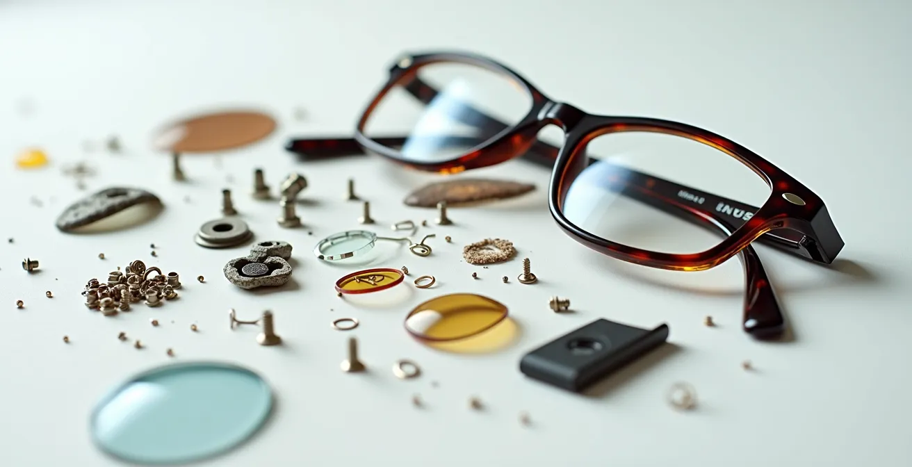 Vue macro détaillée des différents matériaux composant une paire de lunettes