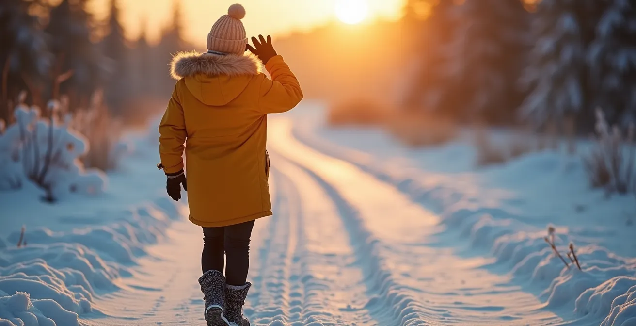 Personne faisant face au soleil rasant d'hiver avec des ombres longues sur la neige
