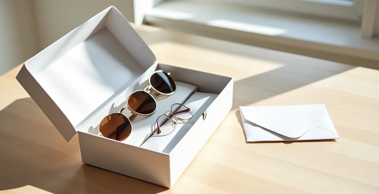 Boîte d'essai de lunettes ouverte sur une table avec plusieurs montures et une enveloppe de retour prépayée