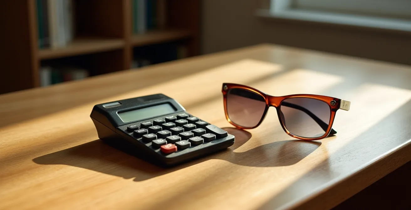 Calculatrice vintage avec lunettes posées à côté sur bureau en bois