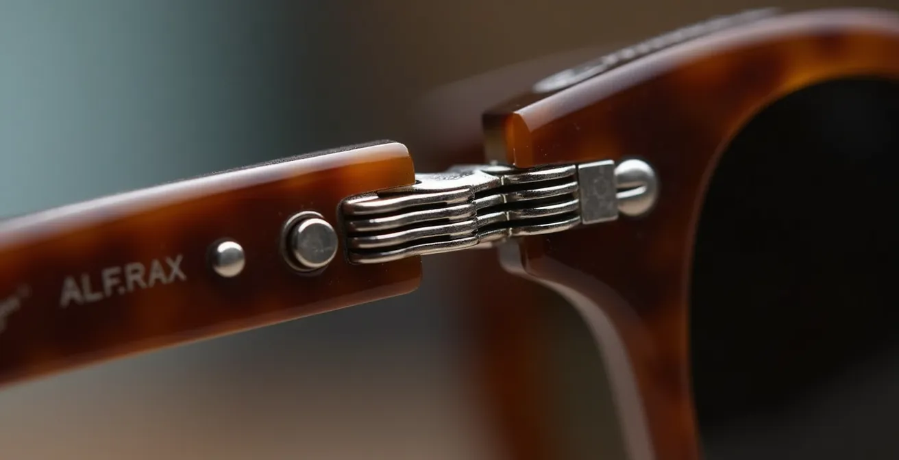 Vue macro détaillée d'une charnière authentique Ray-Ban à 7 barils parfaitement alignés