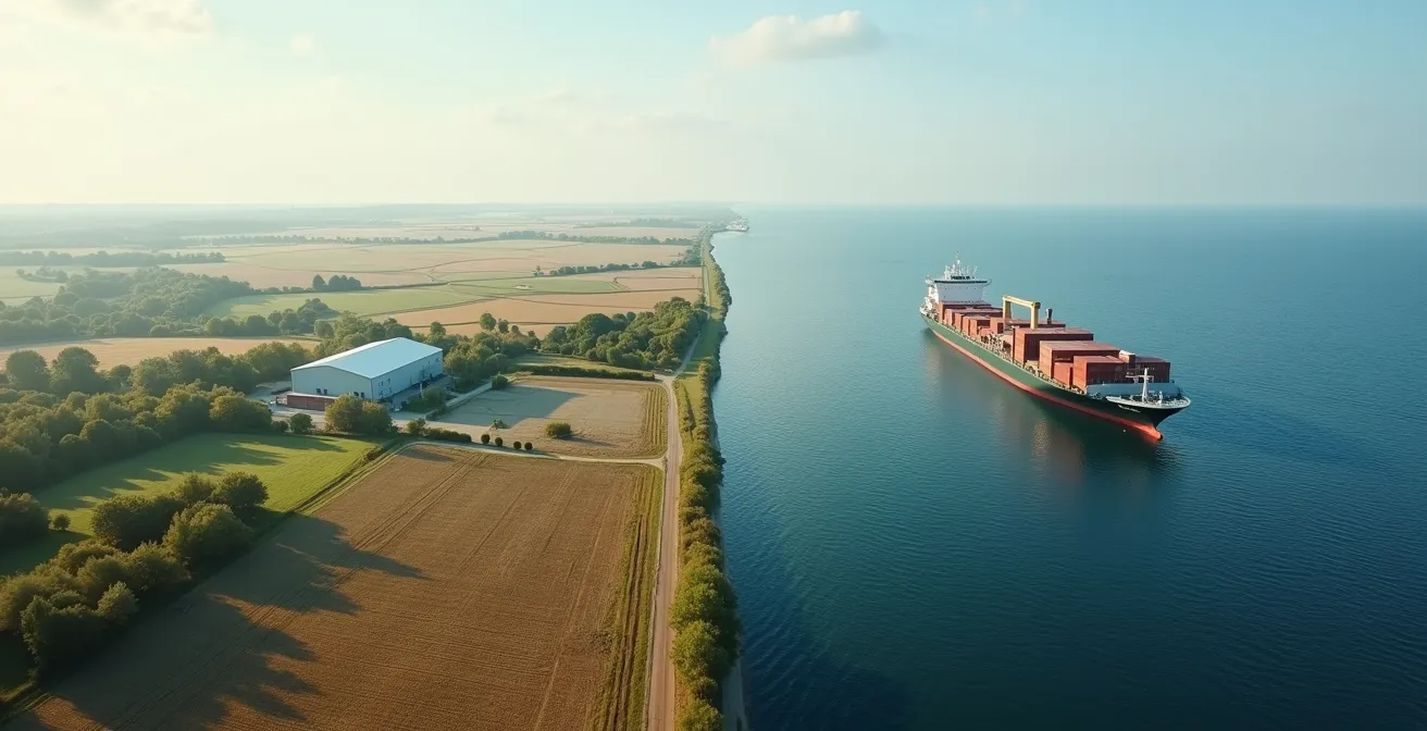 Vue aérienne minimaliste montrant le contraste entre production locale et transport international