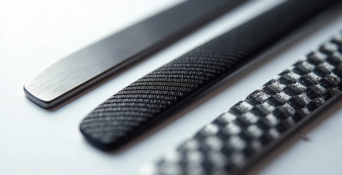 Vue macro détaillée des textures de titane, carbone et ULTEM pour montures de lunettes