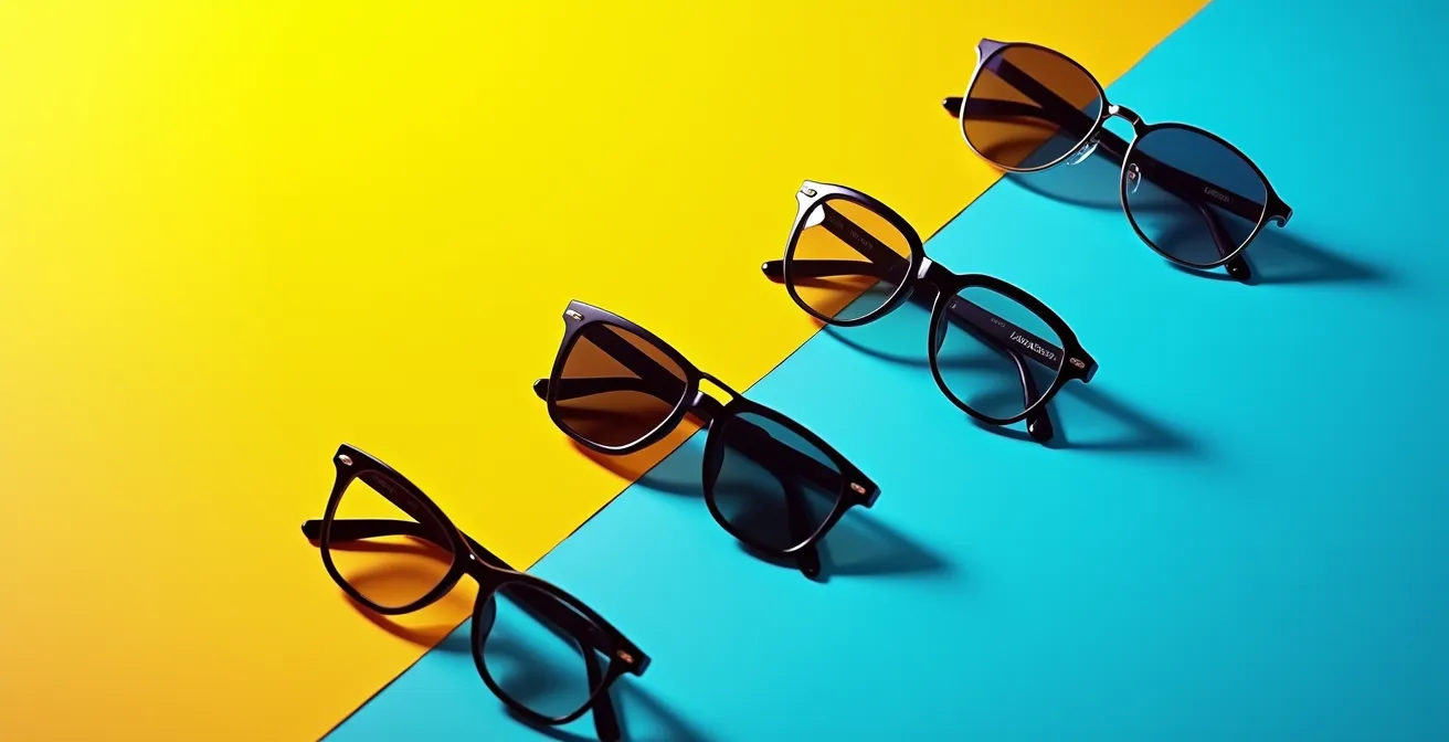 Lunettes de soleil sur fond dégradé montrant différents niveaux de protection UV