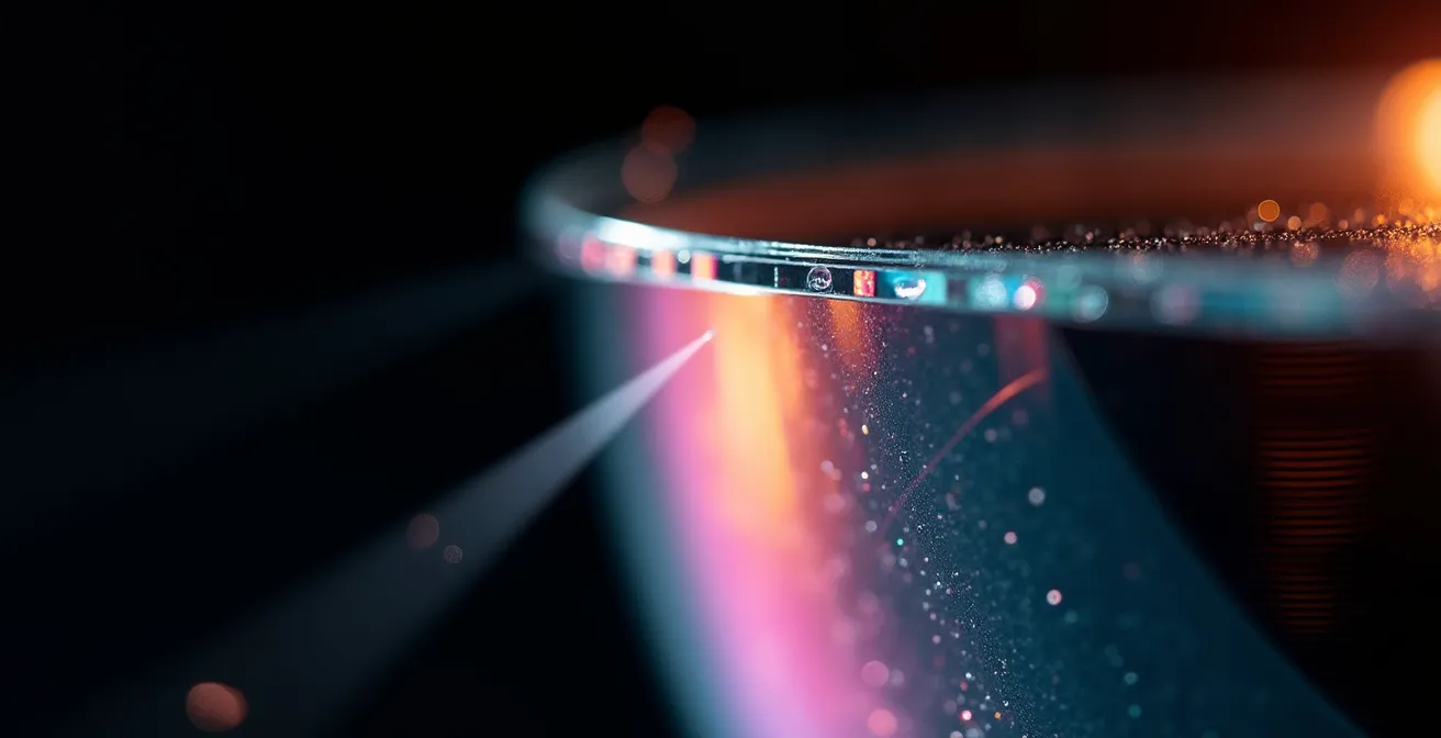 Vue en coupe d'un verre miroir montrant les différentes couches et leur interaction avec la lumière