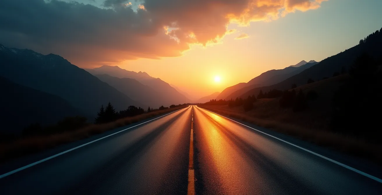 Route au crépuscule montrant la transition dangereuse entre jour et nuit