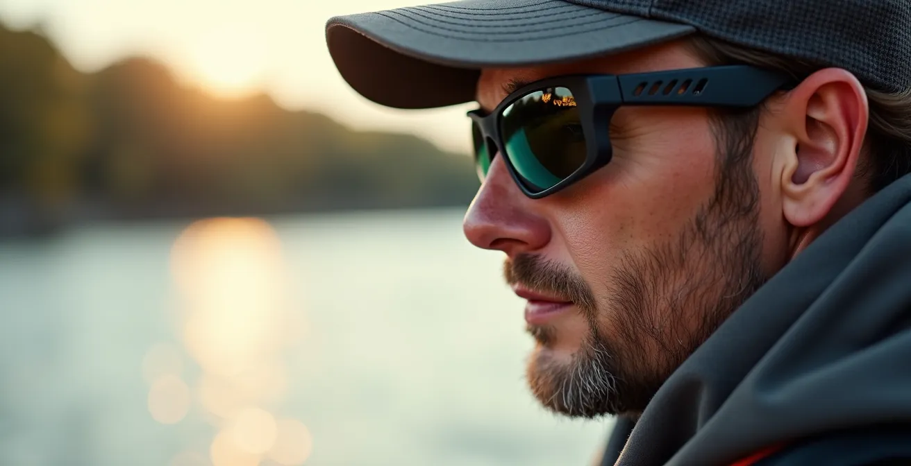 Gros plan sur les coques latérales ventilées d'une monture de lunettes polarisées