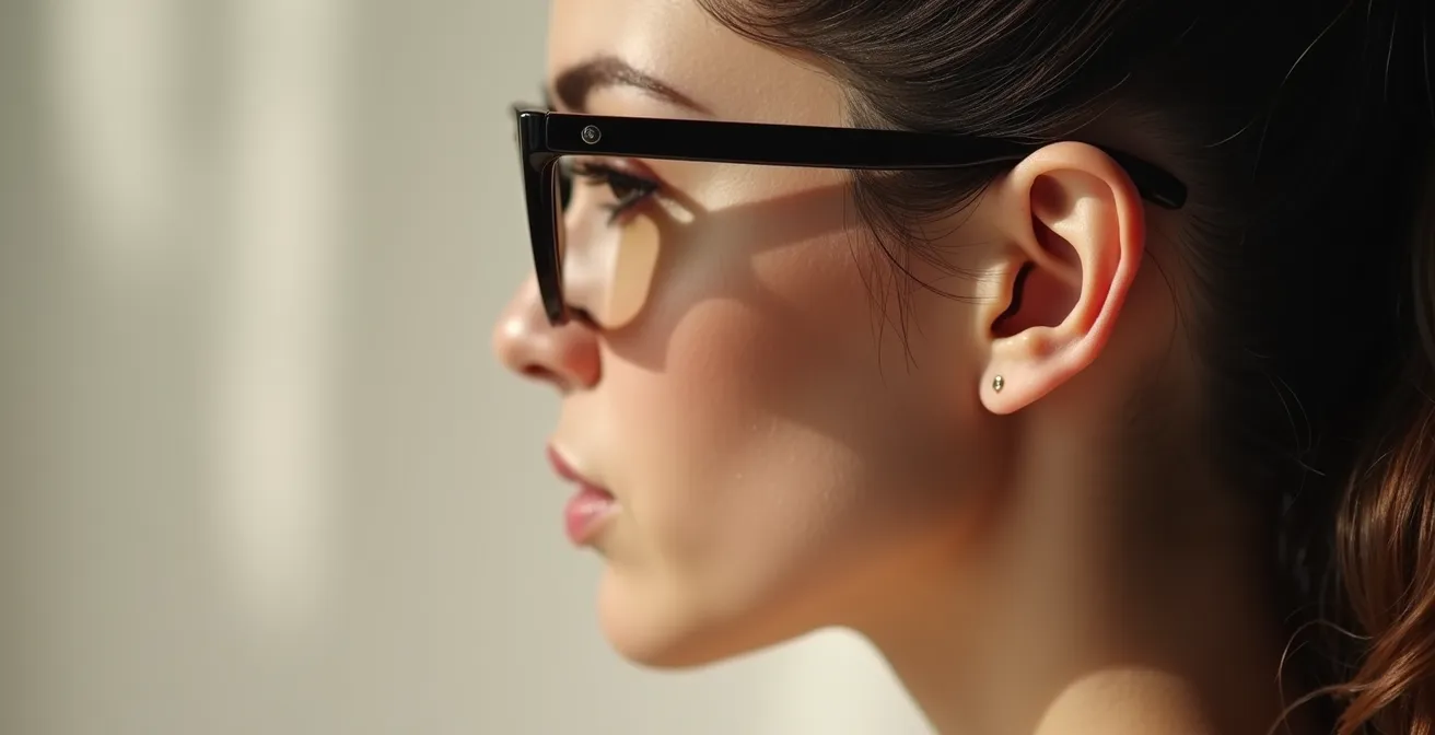 Vue latérale montrant la courbure optimale des branches de lunettes derrière l'oreille