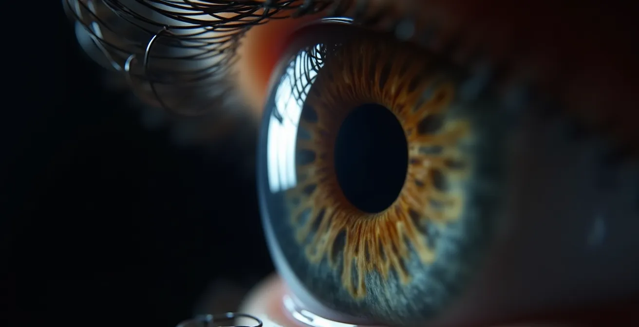Coupe anatomique de l'œil montrant le passage des rayons UV à travers une pupille dilatée derrière un verre contrefait.