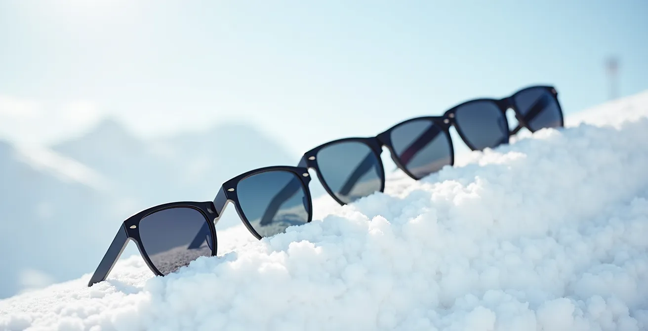 Échelle visuelle montrant la progression de teinte des verres de catégorie 0 à 4 sur fond montagnard