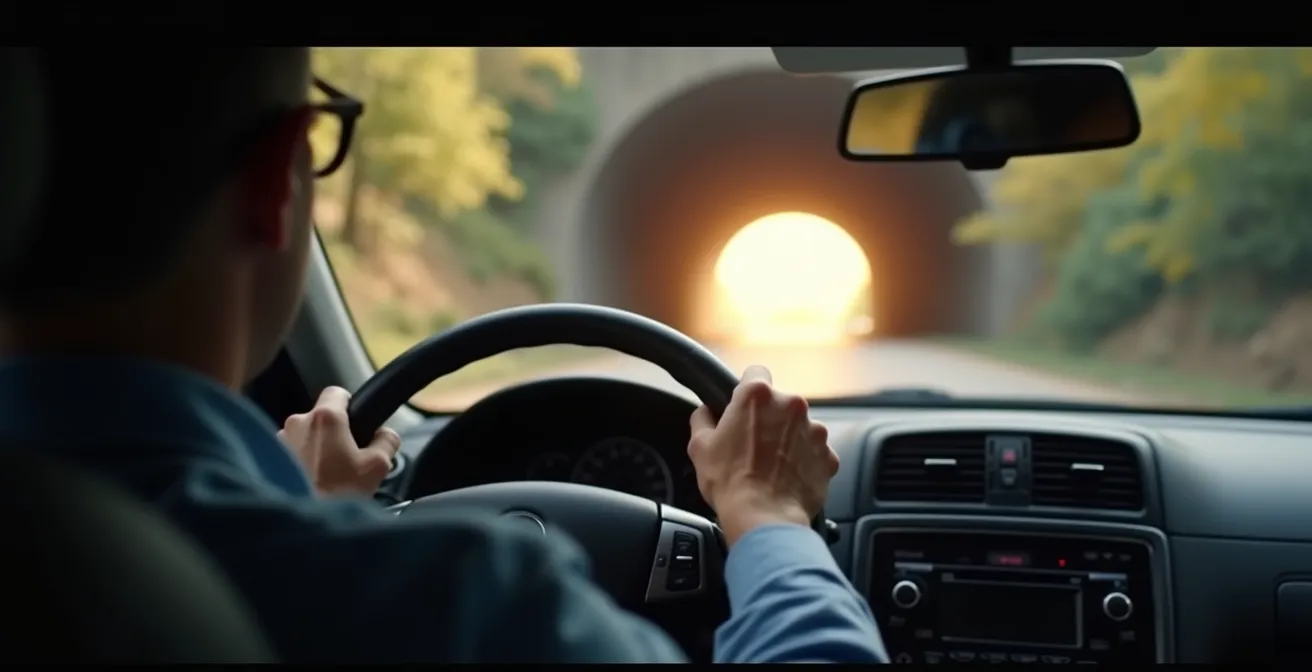 Vue depuis l'habitacle d'une voiture entrant dans un tunnel, montrant le contraste lumineux dramatique