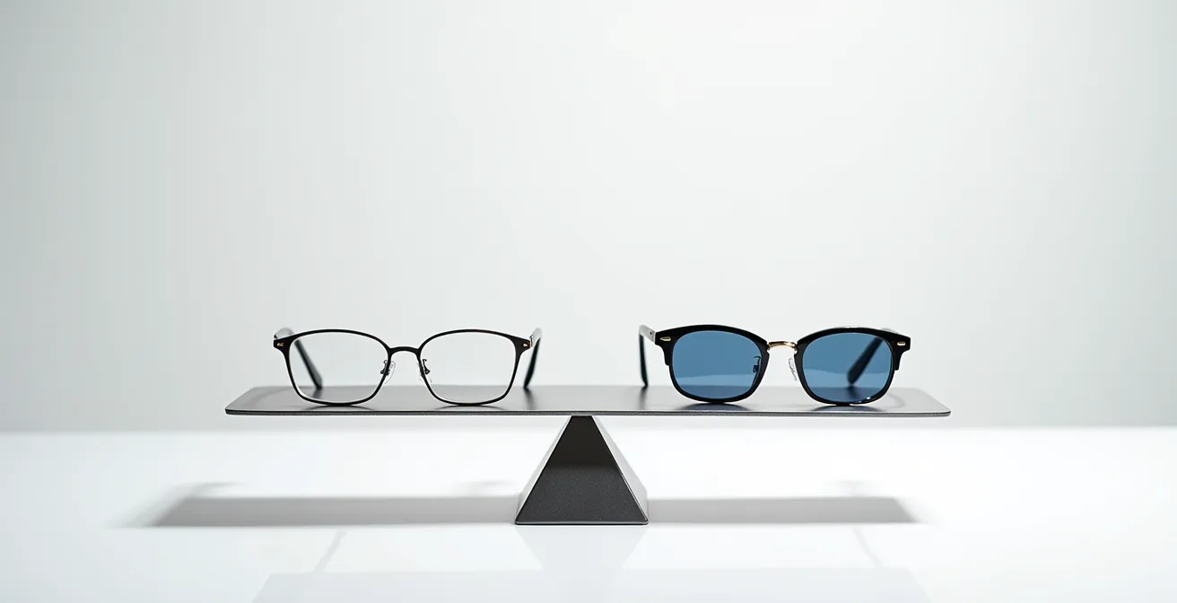 Représentation symbolique de l'équilibre entre monture légère et verres sur une balance