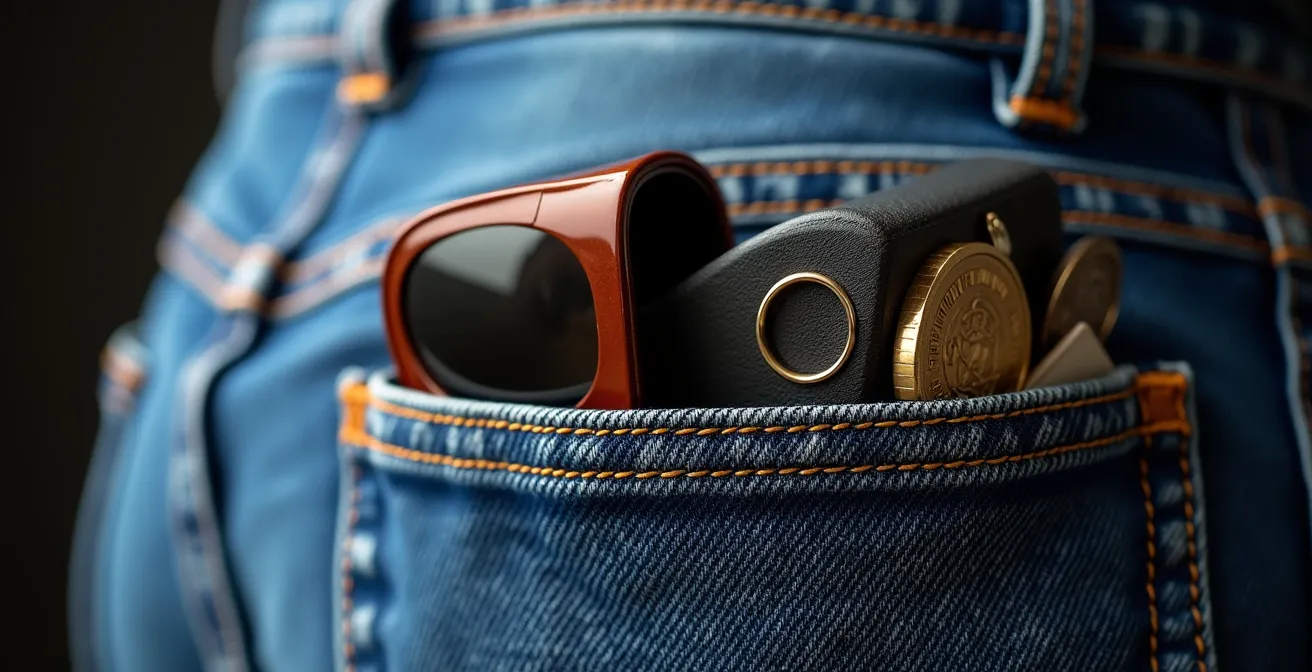 Deux étuis de lunettes pliables testés dans une poche de jean avec pression visible