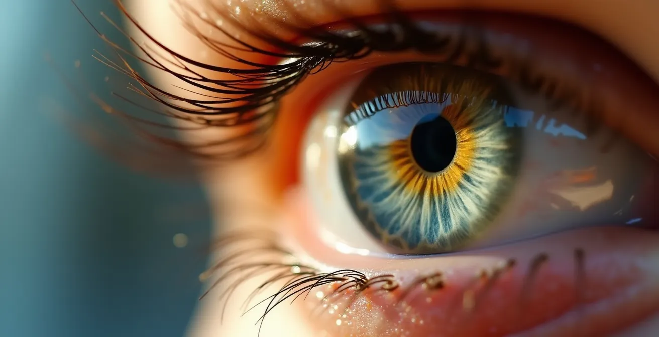 Vue macro de l'œil montrant les trois couches du film lacrymal sous l'effet du vent