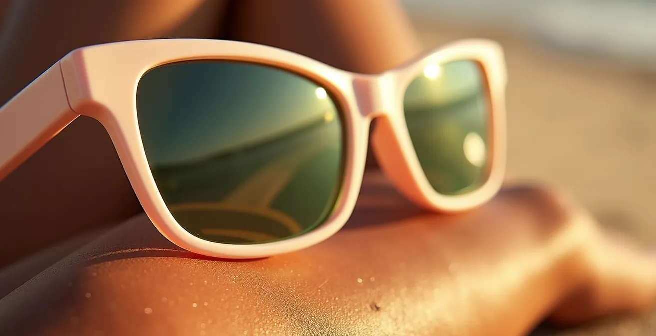 Gros plan sur des lunettes aux teintes pastel posées sur une peau bronzée avec texture visible