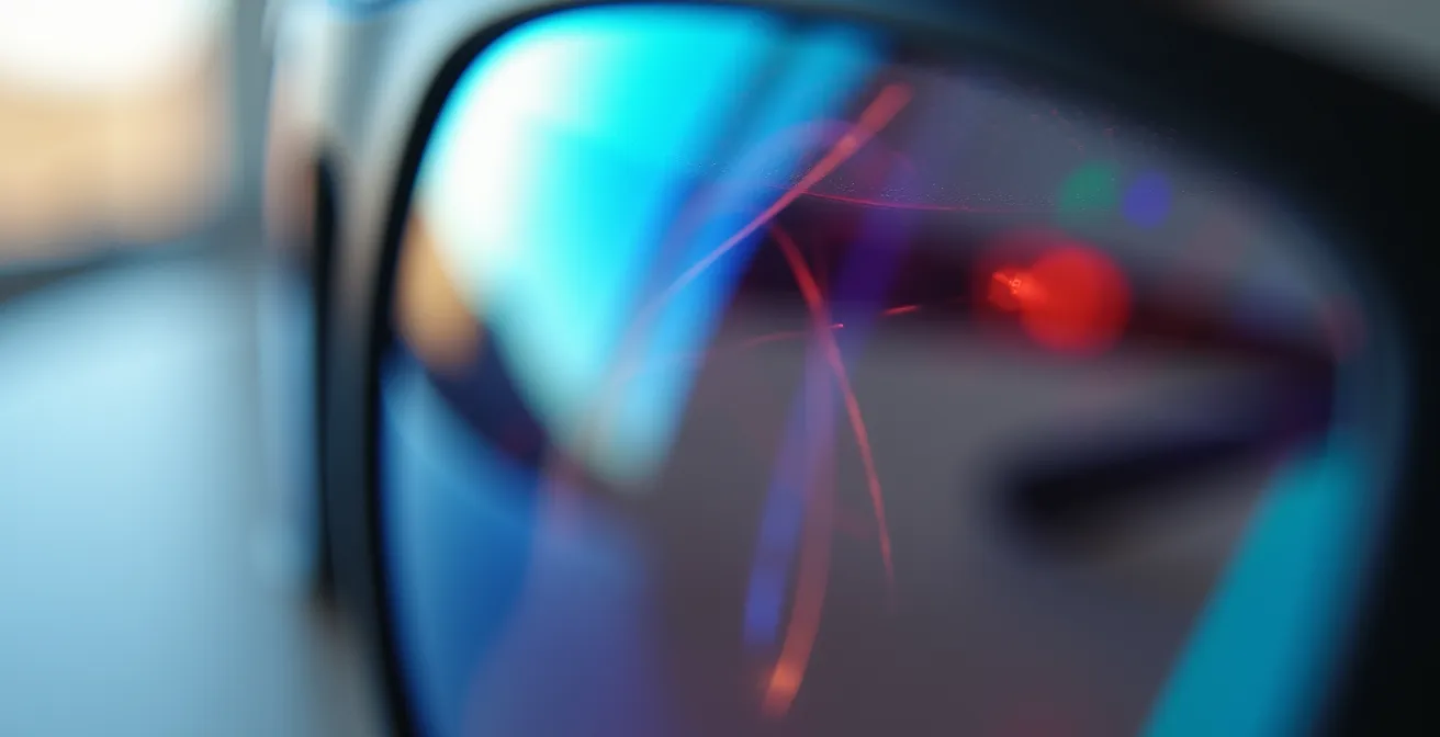 Vue macro d'un verre de lunettes montrant la réflexion UV sur la face arrière avec effet de protection E-SPF