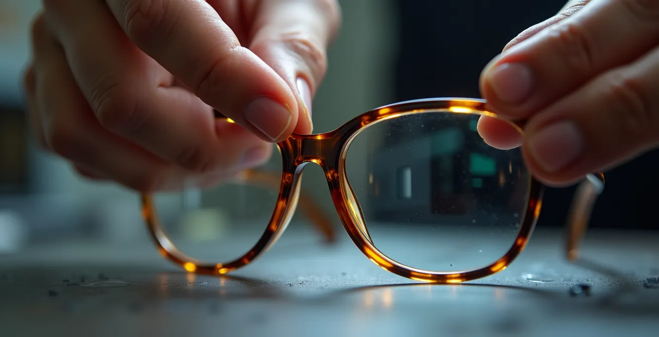 Vue macro des mains insérant délicatement un verre dans une monture chauffée