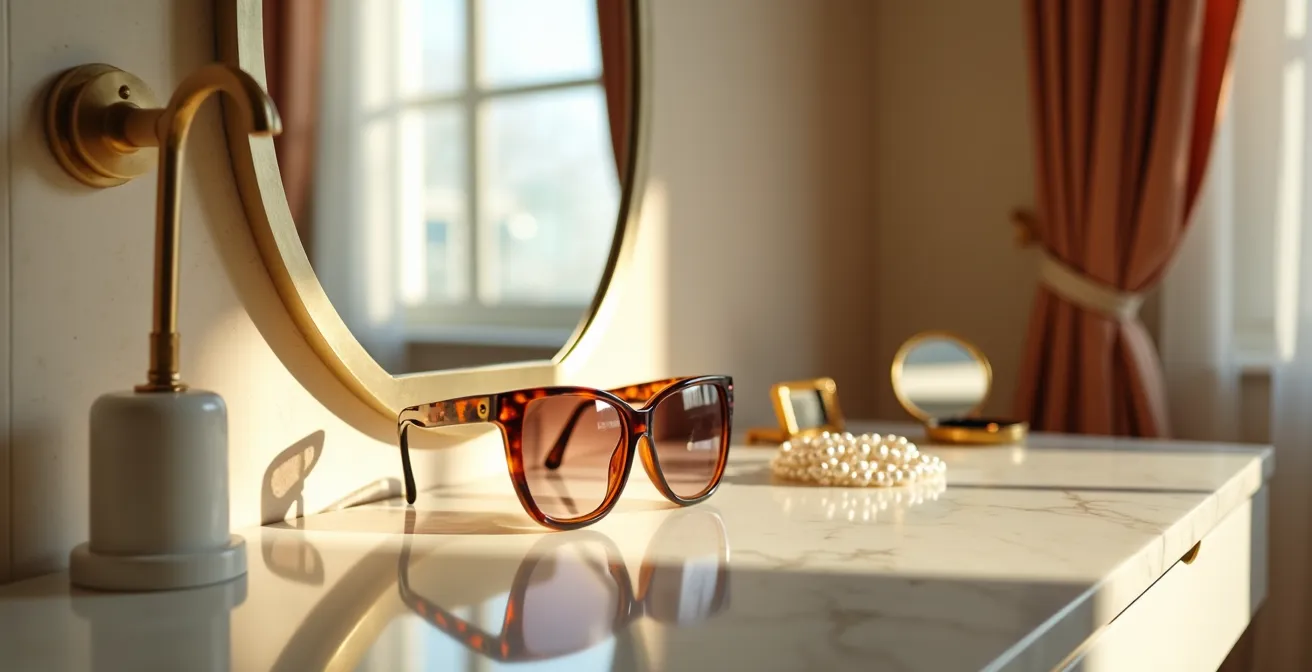 Lunettes oversize style Manhattan dans un décor luxueux évoquant les années 60