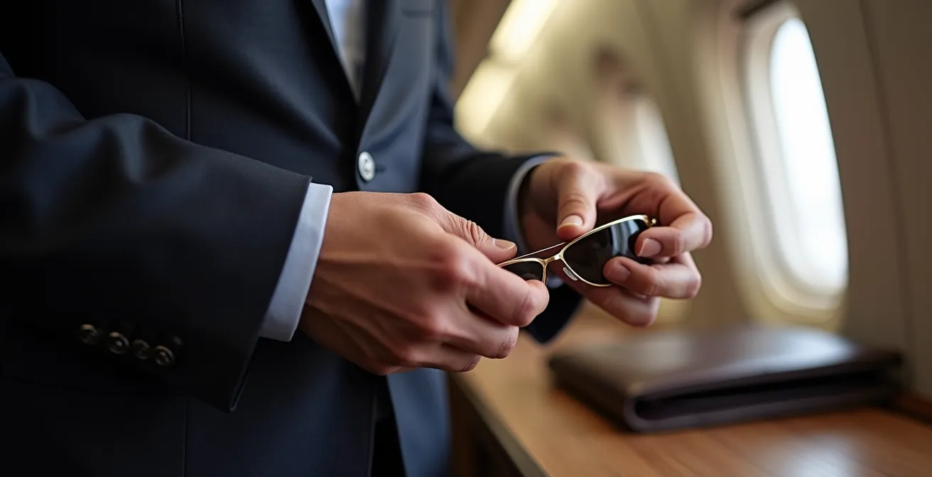Lunettes pliables en titane brossé posées sur mallette en cuir avec accessoires business élégants