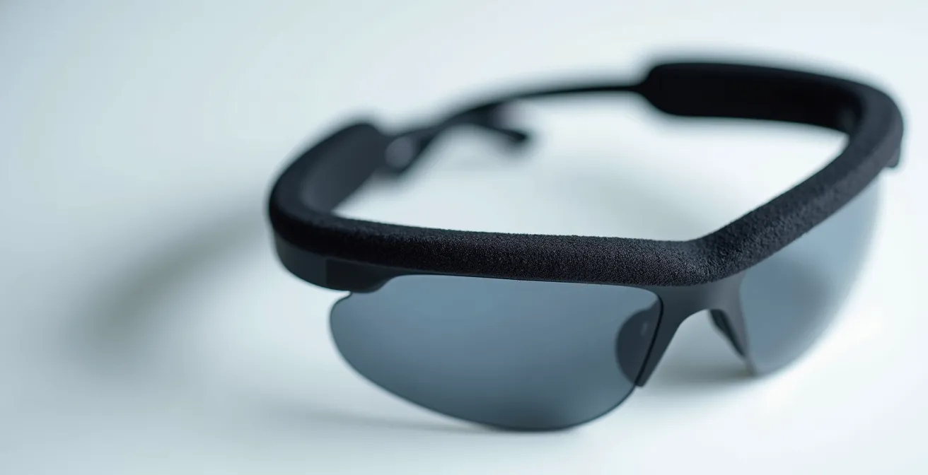 Gros plan sur des lunettes de protection avec joint en mousse pour la période post-opératoire