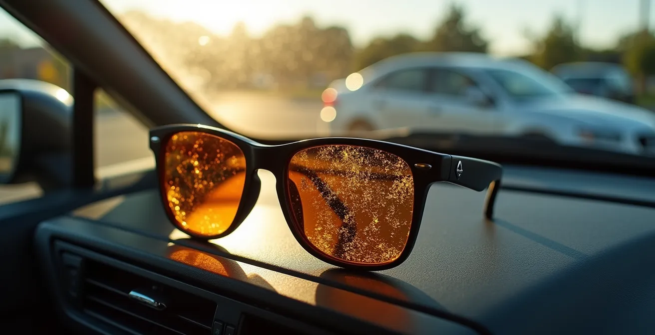 Lunettes de soleil déformées par la chaleur sur un tableau de bord de voiture en plein soleil