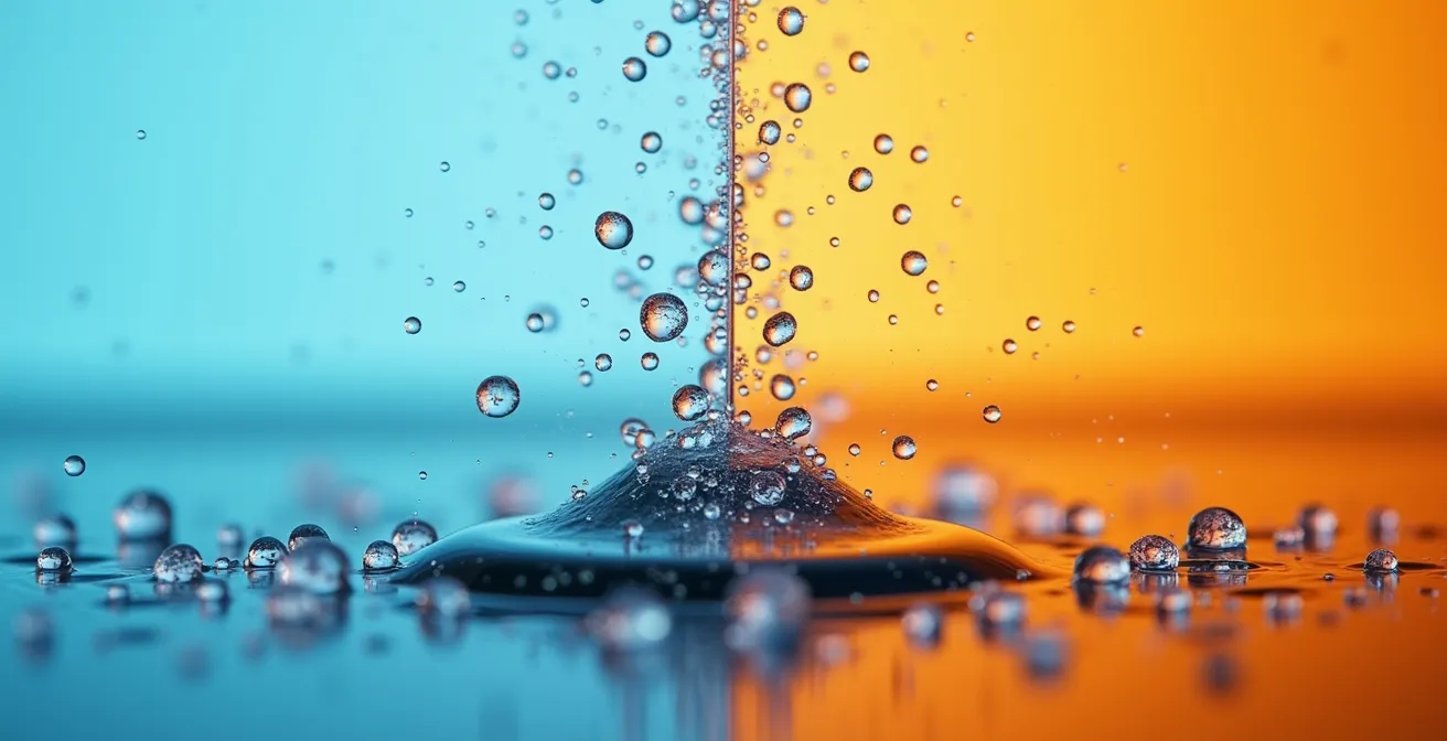 Vue macro de gouttelettes d'eau sur un verre traité anti-buée montrant l'effet du revêtement