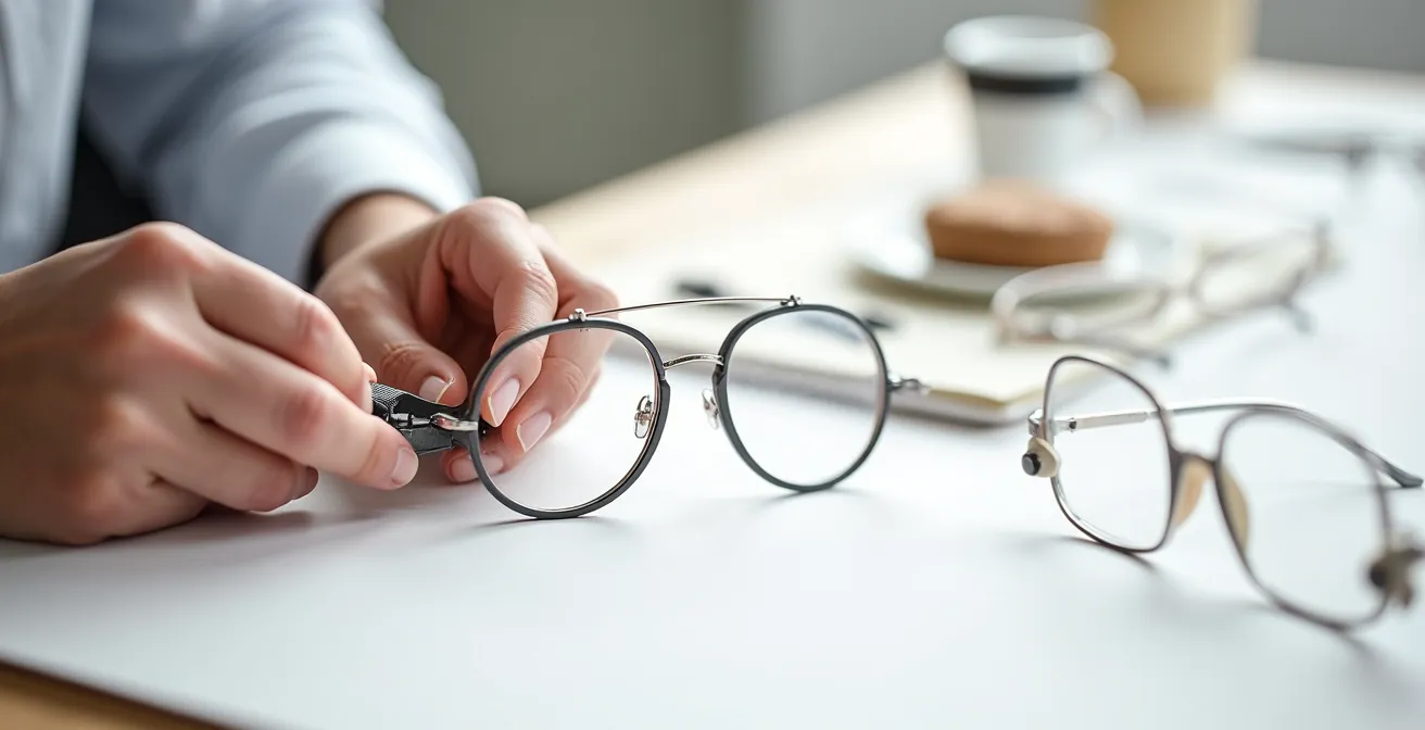 Mains expertes ajustant délicatement les branches de lunettes avec des outils professionnels