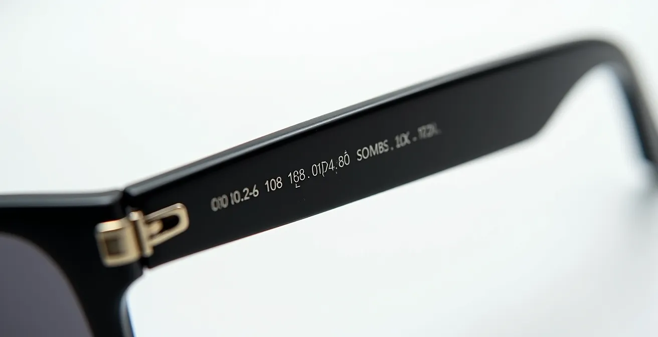 Gros plan sur les inscriptions techniques gravées sur la face interne d'une branche de lunettes