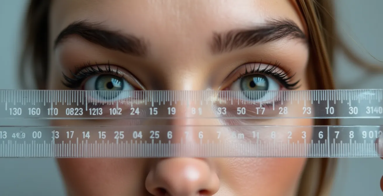 Personne tenant une règle millimétrée au niveau du front pour mesurer son écart pupillaire