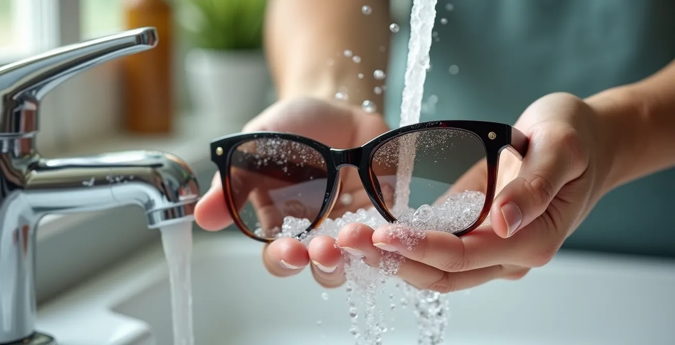Mains tenant des lunettes sous un filet d'eau avec des bulles de savon visibles sur les verres, illustrant la technique de nettoyage parfaite.