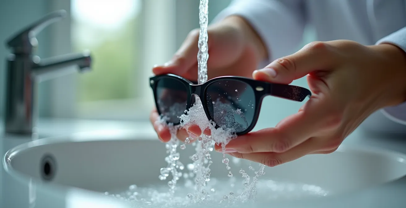Mains rinçant délicatement des lunettes de soleil sous un filet d'eau claire avec savon doux