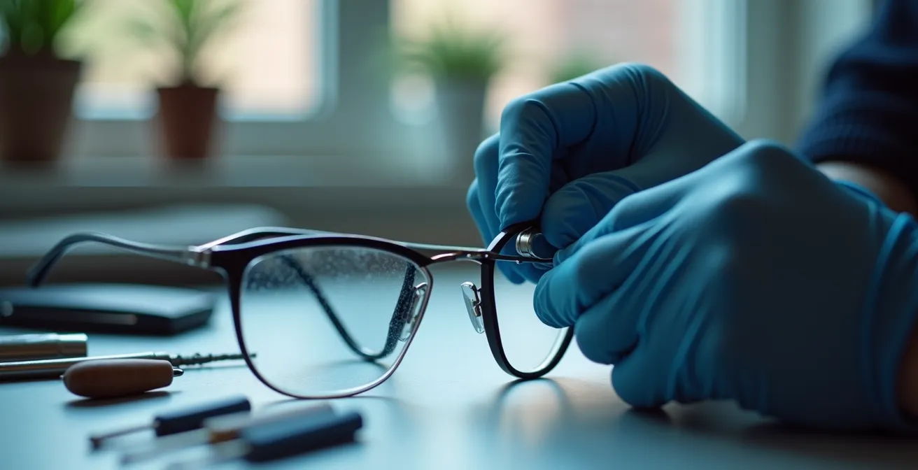 Mains d'opticien travaillant sur le montage de verres dans une monture de lunettes connectées