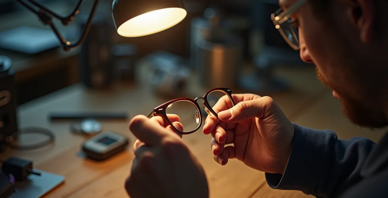 Mains d'opticien travaillant sur l'ajustement d'un pont de lunettes avec équipement professionnel