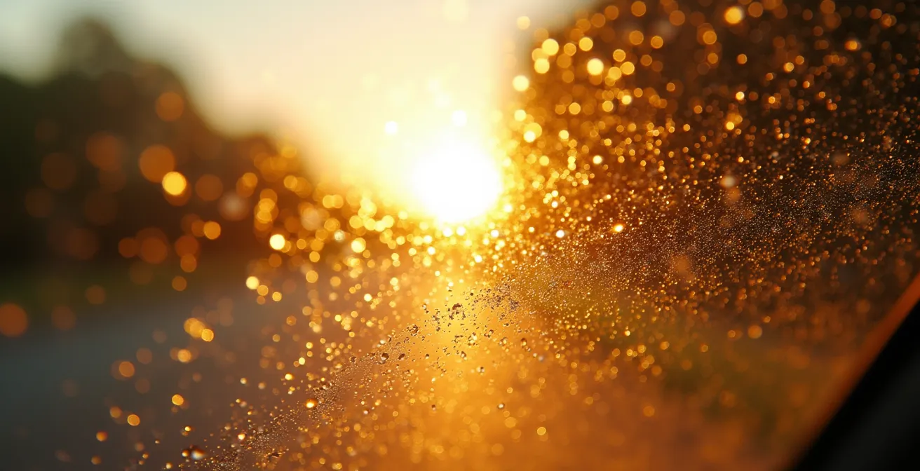 Vue macro d'un pare-brise avec particules de saleté créant un effet de diffusion lumineuse
