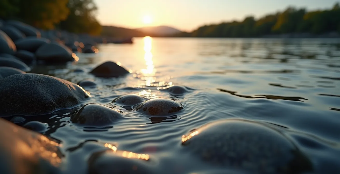 Pêcheur au bord de l'eau avec des lunettes miroir reflétant l'environnement naturel