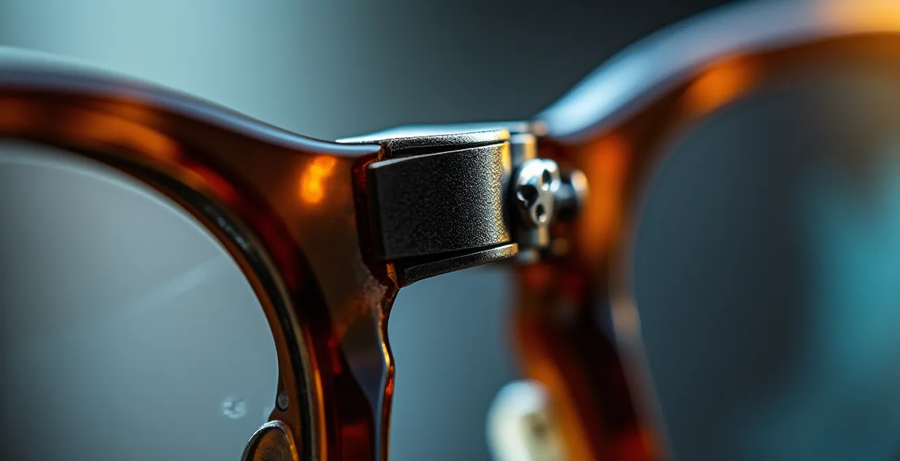 Détail macro d'une charnière pliante de lunettes Persol montrant la complexité mécanique