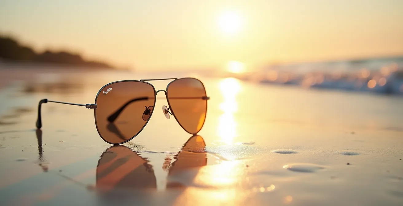 Schéma montrant les rayons UV contournant une monture aviator classique par les côtés