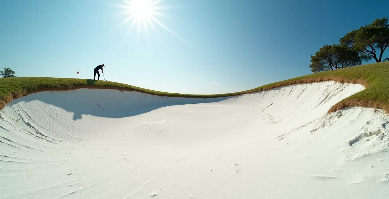 Vue environnementale montrant la réverbération intense du sable dans un bunker de golf
