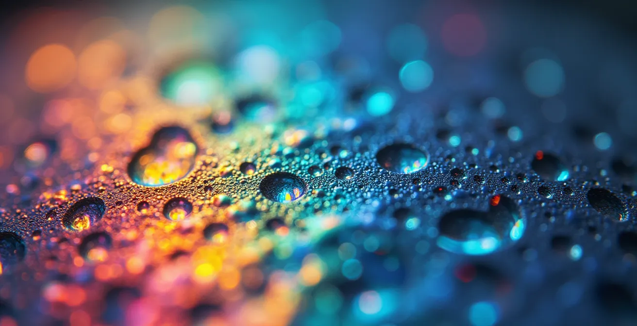 Vue macro de l'interaction entre lumière polarisée et surface de verre montrant les interférences optiques