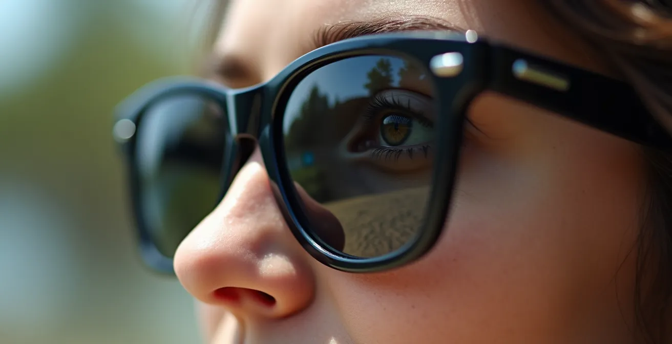 Gros plan montrant la réflexion de l'œil sur la face interne d'un verre solaire