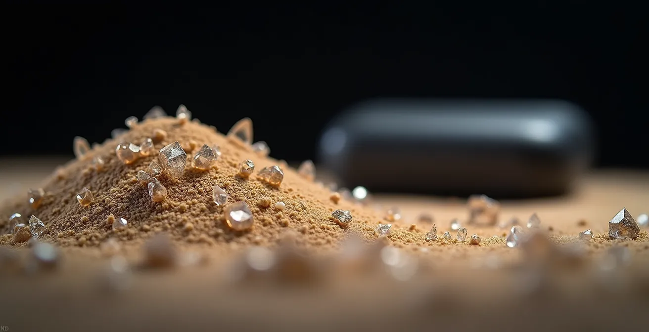 Gros plan macro sur des grains de sable près d'un étui à lunettes fermé sur une surface propre