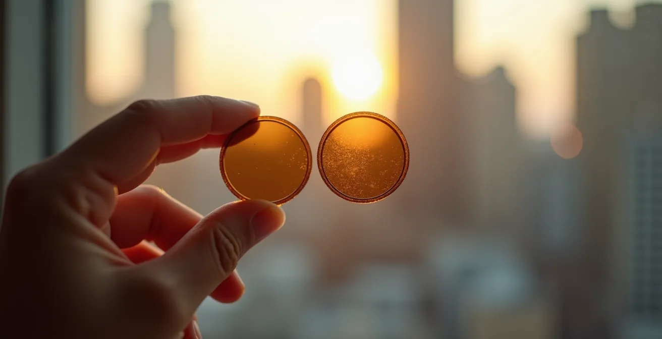 Main tenant des clips filtrants colorés devant un paysage urbain pour tester l'amélioration visuelle