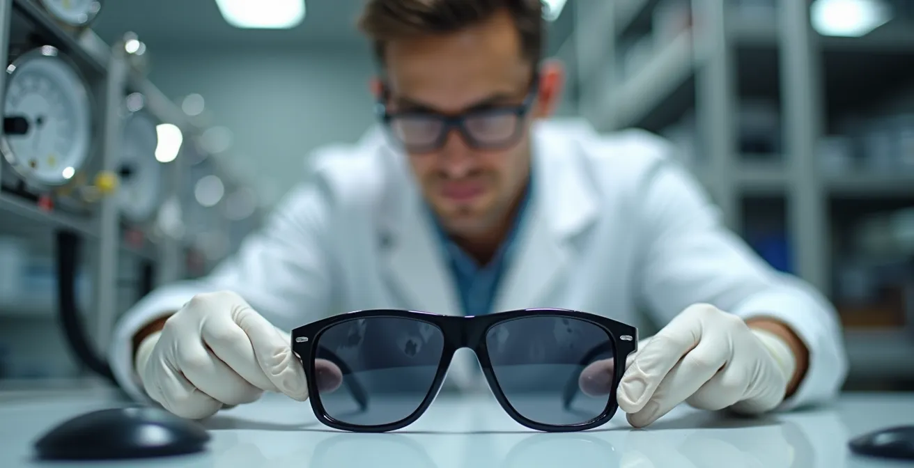 Test de résistance mécanique d'une monture de lunettes dans un laboratoire de contrôle qualité