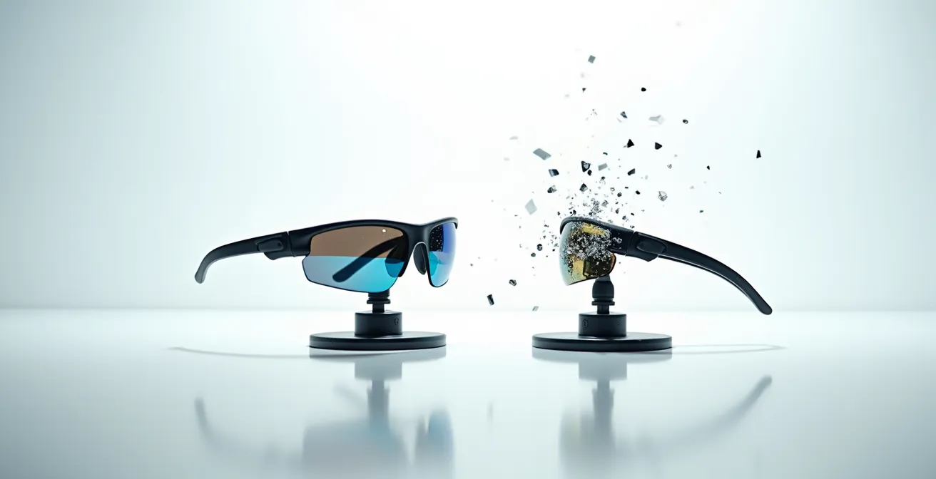 Comparaison de résistance à l'impact entre un vrai verre de lunettes de sport, qui reste intact, et un faux verre, qui se brise en fragments dangereux.