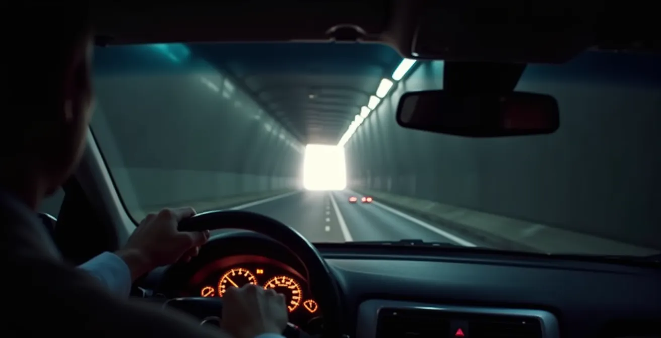 Vue depuis l'habitacle montrant l'entrée soudaine dans un tunnel avec effet d'obscurité