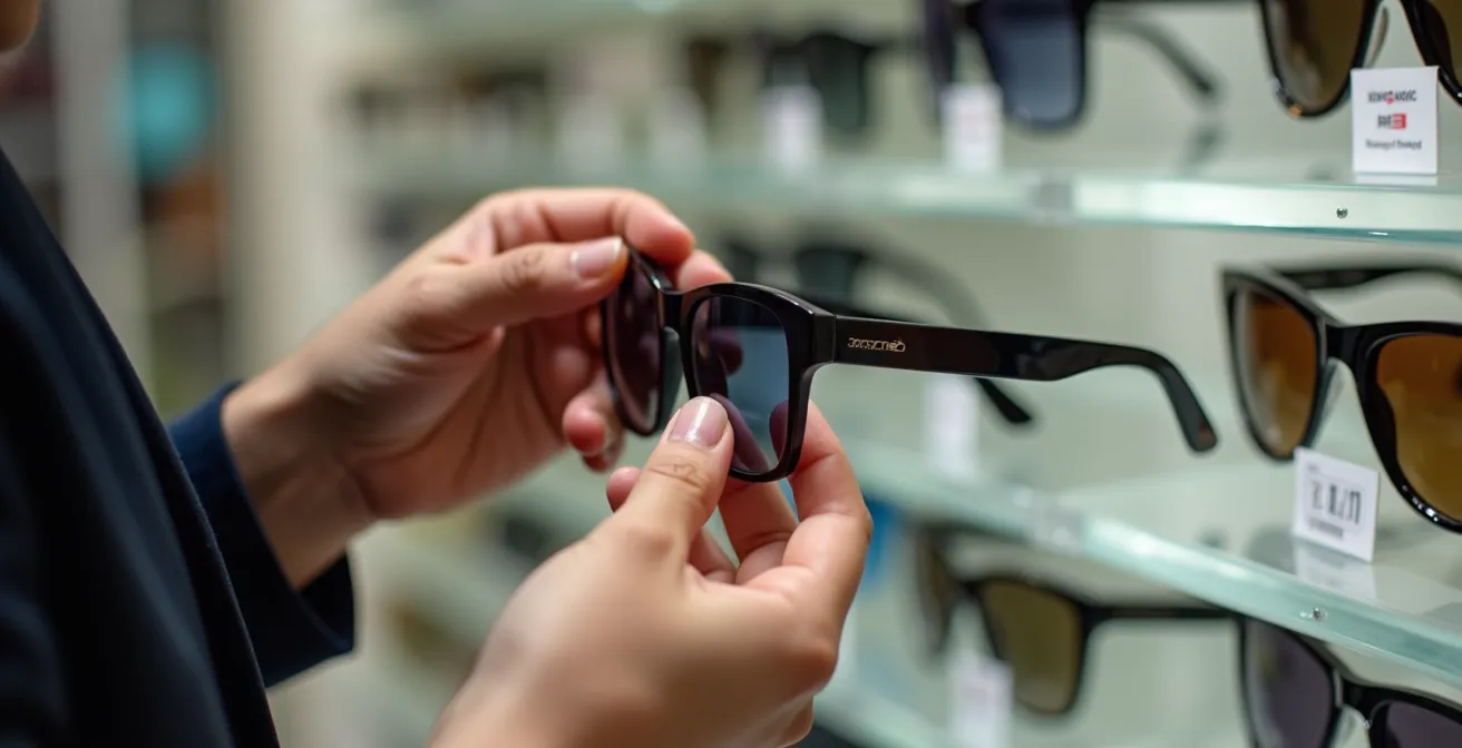 Main tenant une étiquette de lunettes de soleil dans un magasin pour vérifier les informations de conformité