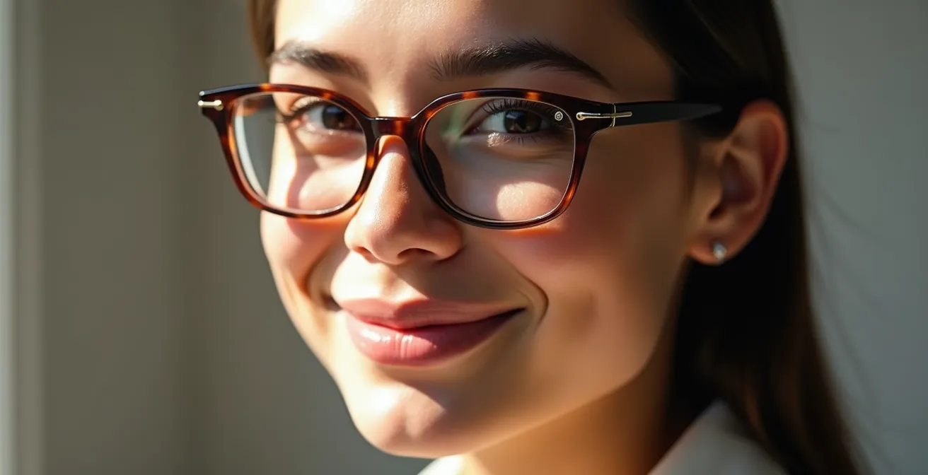 Portrait montrant l'effet affinant des montures rectangulaires sur un visage rond