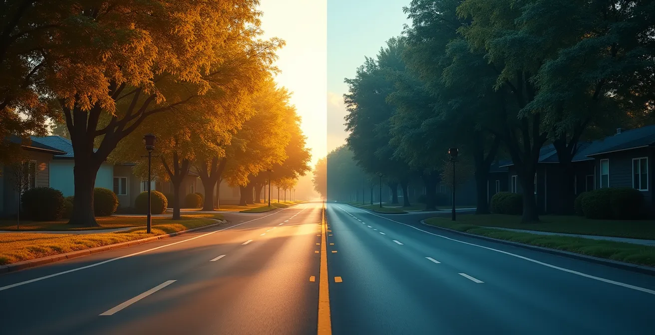 Comparaison visuelle entre vision photopique colorée et vision scotopique en noir et blanc